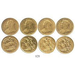 Lot of 4 Melbourne, Australia, sovereigns, Victoria (veiled head), various dates: 1895, 1897, 1899 a
