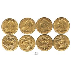 Lot of 4 Melbourne, Australia, sovereigns, Victoria (veiled head), various dates: 1896, 1897, 1899 a