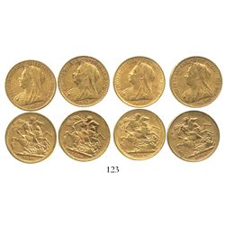 Lot of 4 Melbourne, Australia, sovereigns, Victoria (veiled head), various dates: 1898, 1899 and 190