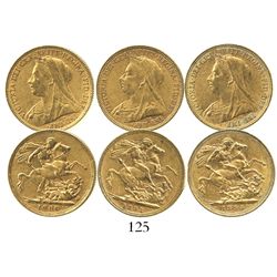 Lot of 3 Sydney, Australia, sovereigns, Victoria (veiled head), various dates: 1893, 1894 and 1900.