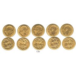 Lot of 5 Melbourne, Australia, sovereigns, Edward VII, various dates: 1902, 1904 (2) and 1906 (2).