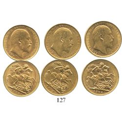 Lot of 3 Perth, Australia, sovereigns, Edward VII, various dates: 1902, 1906 and 1908.