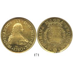 Santiago, Chile, bust 8 escudos, Ferdinand VI, 1750J, encapsulated NGC MS 62, from the Luz (1752), i