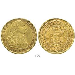 Bogota, Colombia, bust 8 escudos, Charles IV transitional (bust of Charles III, ordinal IV), 1791JJ.