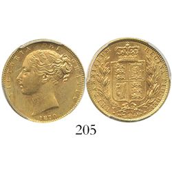 Great Britain (London, England), sovereign, Victoria (young head), 1870, die #119, WW in relief, fro