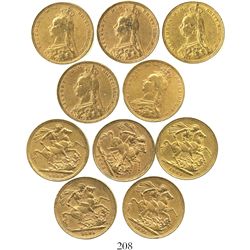 Lot of 5 Great Britain (London, England) sovereigns, Victoria (jubilee head), various dates: 1887, 1