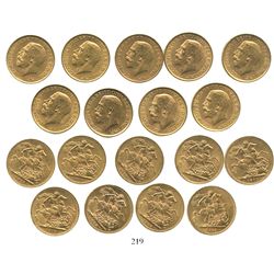 Lot of 9 Great Britain (London, England) sovereigns, George V, various dates: 1911 (3), 1912 (3), 19