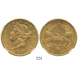 USA (San Francisco mint), $20 (double eagle) coronet Liberty, 1880-S, encapsulated NGC AU 53.
