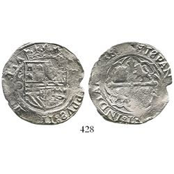 Mexico City, Mexico, cob 4 reales, Philip II, assayer O below oM mintmark to left.