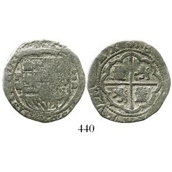 Lima, Peru, cob 2 reales, Philip II, assayer Diego de la Torre, P-ii to left, *-oD to right, Grade 2