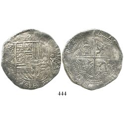 Potosi, Bolivia, cob 8 reales, Philip II, assayer A, Grade 1.