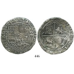 Potosi, Bolivia, cob 8 reales, Philip II, assayer B (5th period), borders of x's, "50 points" (choic