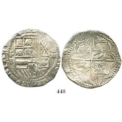 Potosi, Bolivia, cob 8 reales, Philip II, assayer B (5th period), Grade 1.