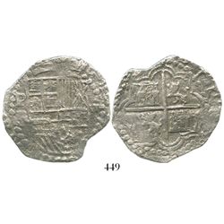 Potosi, Bolivia, cob 8 reales, Philip III, assayer R (curved leg), Grade 1.