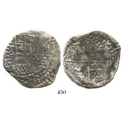 Potosi, Bolivia, cob 8 reales, Philip III, assayer R (curved leg), Grade 2.