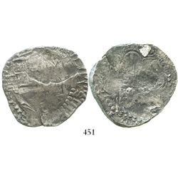 Potosi, Bolivia, cob 8 reales, Philip III, assayer R (curved leg), Grade 3, with coral on cross side