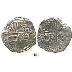 Potosi, Bolivia, cob 8 reales, Philip III, assayer T, Grade 3, quadrants of cross and upper half of 