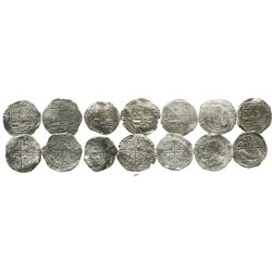 Lot of 7 Potosi, Bolivia, cob 8 reales, Philip III, assayers R (curved leg), Q, M and T (all visible