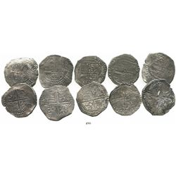 Lot of 5 Potosi, Bolivia, cob 8 reales, Philip III, assayers M, T or not visible, all Grade-1 or Gra