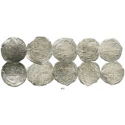 Lot of 5 Potosi, Bolivia, cob 8 reales of Philip II and Philip III, assayers B (4th period), R (curv