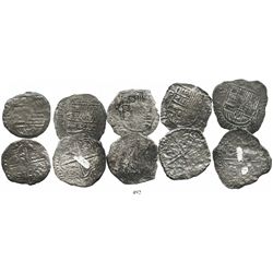 Lot of 5 Potosi, Bolivia, cob 8 reales, Philip III, assayers T or not visible, all Grade-3 or Grade-