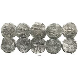 Lot of 5 Potosi, Bolivia, cob 4 reales, Philip III, assayer T or not visible, all Grade 1.