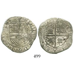 Potosi, Bolivia, cob 2 reales, Philip II, assayer R to right (Rincon), Grade-1 quality but Grade 2 o