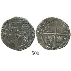 Potosi, Bolivia, cob 2 reales, Philip II, assayer L, with P-L over ii to left and ii over P-M to rig