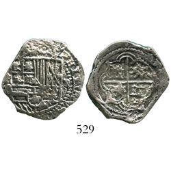 Potosi, Bolivia, cob 2 reales, Philip II, assayer B (5th period), Grade 1.