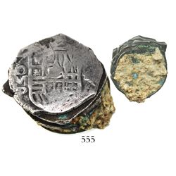 Clump of 5 Mexico City, Mexico, cob 4 reales, Philip IV, top one with partial date and oMP visible, 