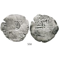 Potosi, Bolivia, cob 8 reales, 1651E, with crowned-dot-F-dot countermark on shield.
