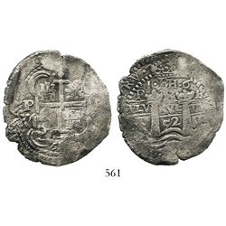 Potosi, Bolivia, cob 8 reales, 1652E post-transitional (Type VIII/B), 1-dot-PH-dot-6 at top, rare va