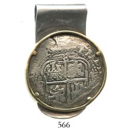Potosi, Bolivia, cob 8 reales, Philip IV, assayer E (1652-4), mounted cross-side out in 14K bezel on