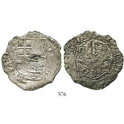 Potosi, Bolivia, cob 8 reales, 1651E, with crowned-dot-F-dot countermark on shield.
