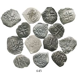 Lot of 7 Potosi, Bolivia, cob 1R, various dates: 1662E, 1666E, 1667E, 1668E (2), 1669E and one witho
