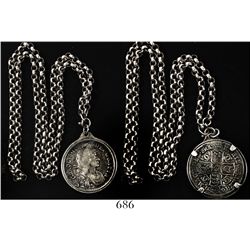 London, England, 1/2 crown, Charles II, 1671, mounted in sterling silver bezel with chain.