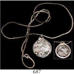 London, England, shilling, William III, 1696, mounted in sterling silver bezel with wire chain.