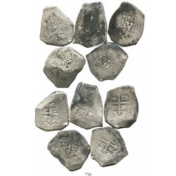 Lot of 5 Mexico City, Mexico, cob 8 reales, Philip V, various assayers (all visible).