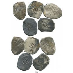 Lot of 5 Mexico City, Mexico, cob 8 reales, Philip V, various assayers (all visible).