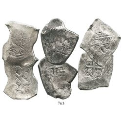Lot of 3 Mexico City, Mexico, cob 8 reales, Philip V, assayers not visible.