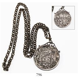 Mexico City, Mexico, pillar 8 reales, Philip V, 1740MF, mounted in sterling silver bezel with chain.