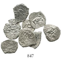 Lot of 8 Lima, Peru, and Potosi, Bolivia, cob 1/2R, various dates (where visible).