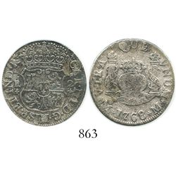 Mexico City, Mexico, pillar 2 reales, Charles III, 1768M, encapsulated ANACS El Cazador / Select.