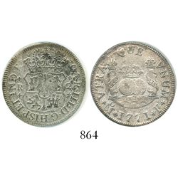 Mexico City, Mexico, pillar 2 reales, Charles III, 1771F, encapsulated ANACS El Cazador / Select.