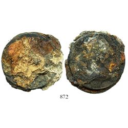 Clump of two Mexico City, Mexico, bust 8 reales, Charles III, 1783FF, encrusted as found.