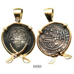 Mexico City, Mexico, cob 2 reales, Philip II, assayer O below oM mintmark to right, mounted in 18K g