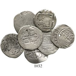 Lot of 7 Mexico City, Mexico, cob 1R, Philip II and III, assayers O, F and D (where visible).