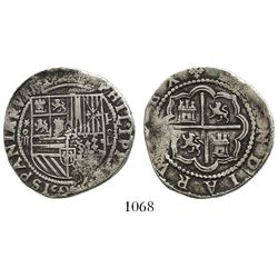 Lima, Peru, cob 4 reales, Philip II, assayer Diego de la Torre, *-oiiii to left and P-oD to right.