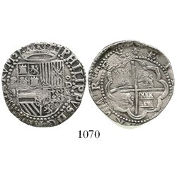 Lima, Peru, cob 2 reales, Philip II, assayer Diego de la Torre, P-ii to left and oD-* to right.