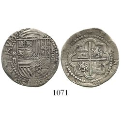 Lima, Peru, cob 2 reales, Philip II, assayer Diego de la Torre, *-ii to left and P-oD to right.